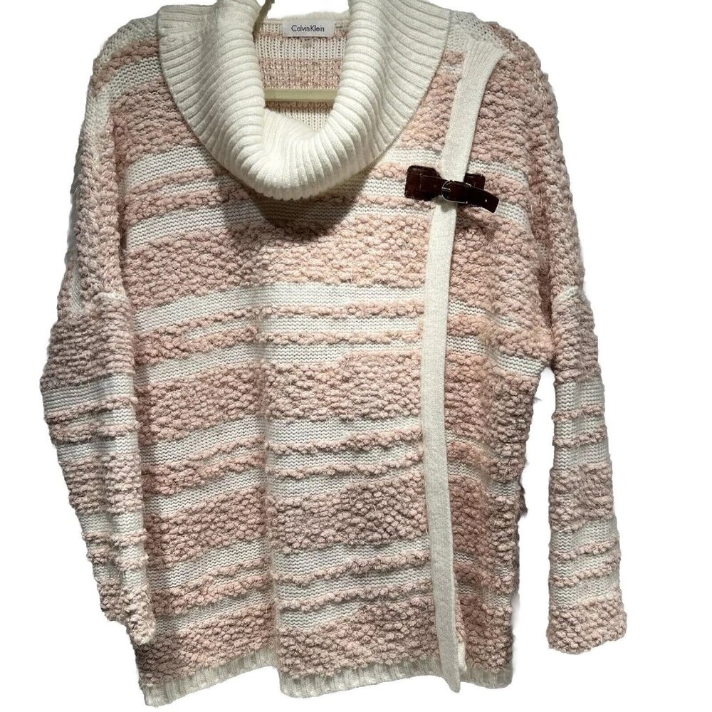 Calvin Klein Cowl Neck Sweater Cardigan Cape Leather Gold Buckle Pink White S/m